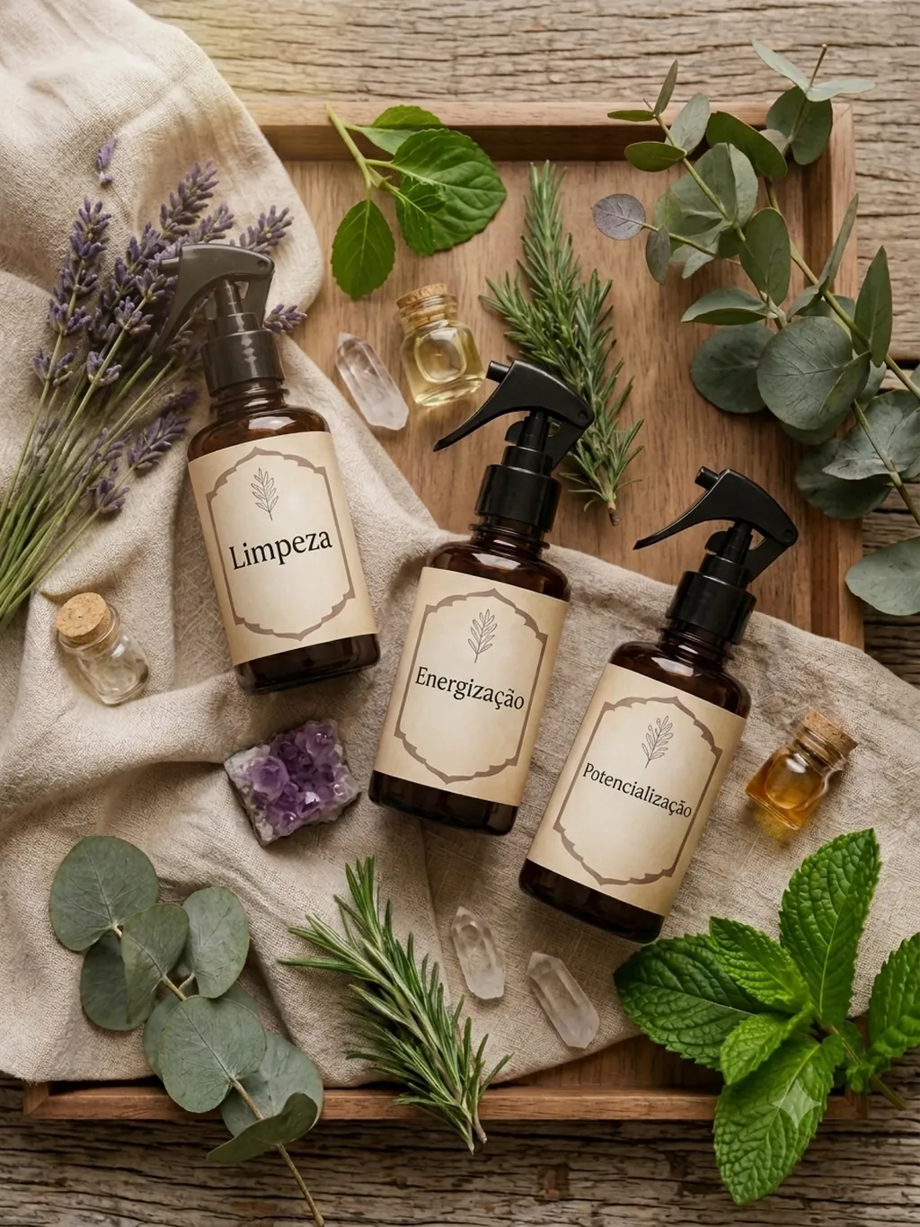 Frascos spray âmbar rotulados Limpeza, Energização e Potencialização com lavanda, alecrim, eucalipto e hortelã sobre bandeja de madeira