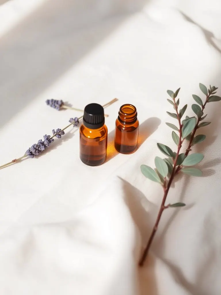 Frascos âmbar de óleos essenciais com lavanda e eucalipto